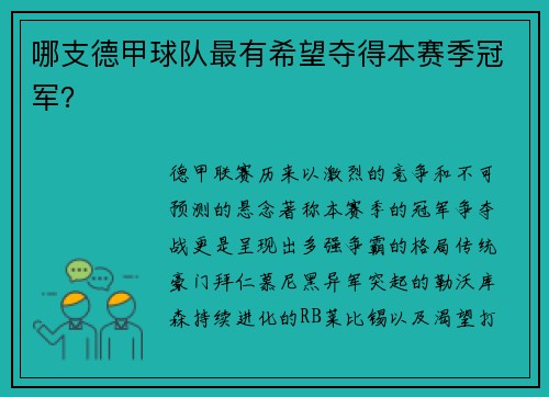 哪支德甲球队最有希望夺得本赛季冠军？