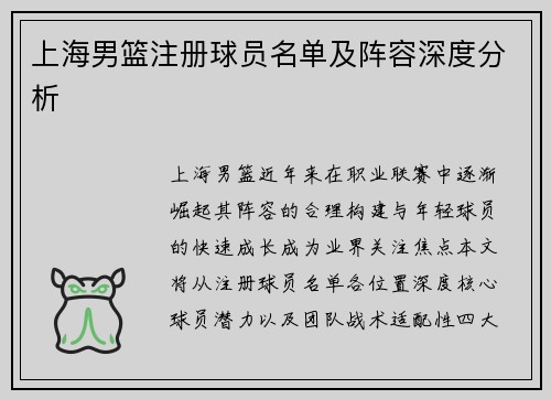 上海男篮注册球员名单及阵容深度分析